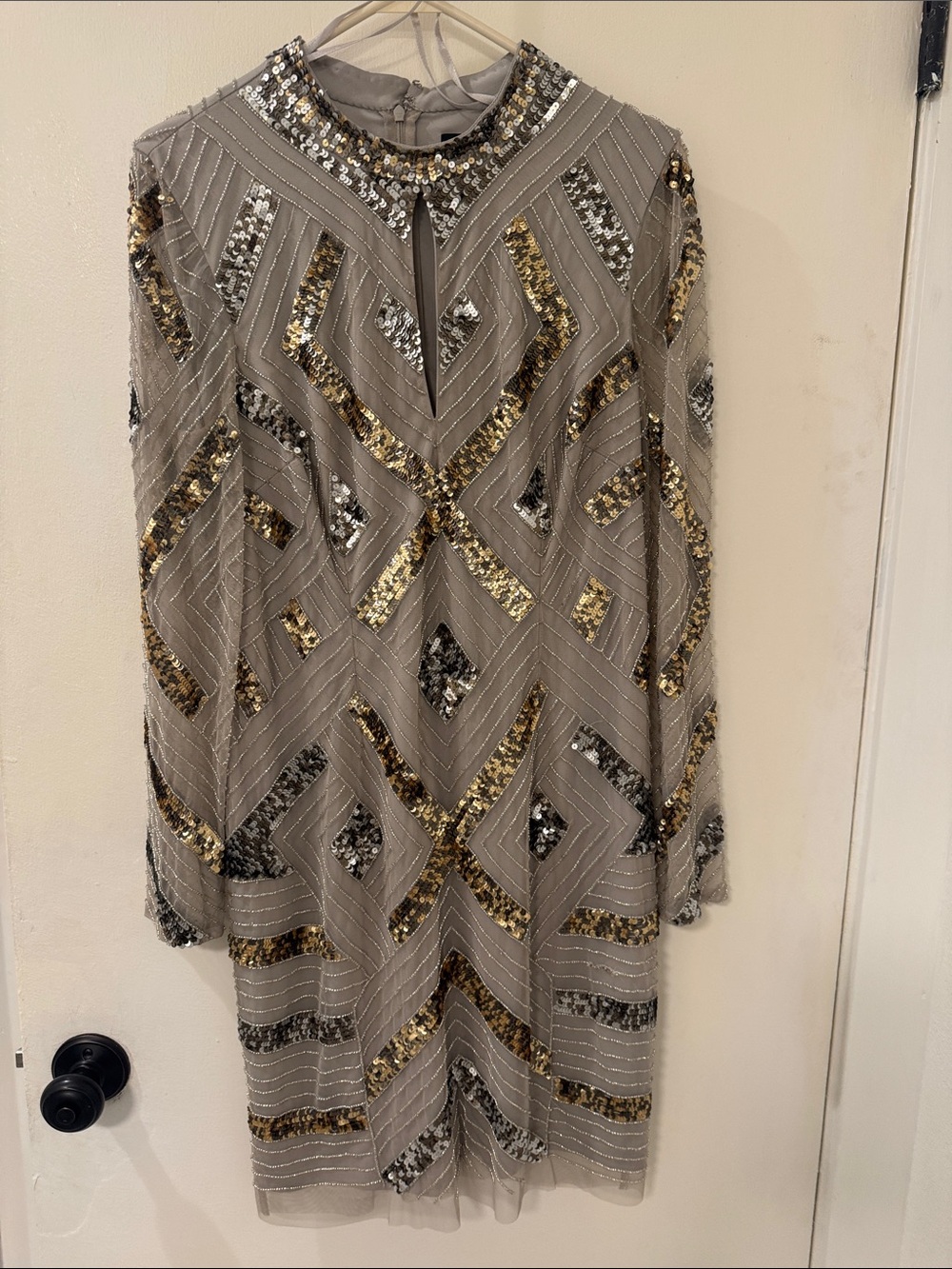 Aidan by Aidan Mattox Taupe Long-Sleeve Sequin Chevron Dress
